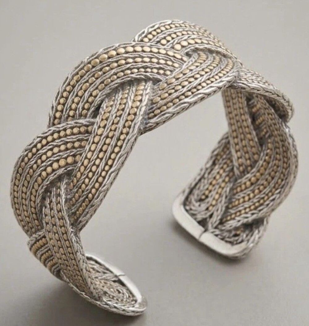 Vintage Two-Tone Byzantine Woven Knot Cuff Bracelet Silver Gold Wide Signed 66g